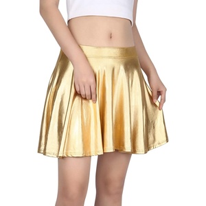 image:imageHDE Womens Casual Fashion Flared Pleated Wet Look ALine Mini Skirts Circle Shiny Stretch High Waist Metallic Skater SkirtGold