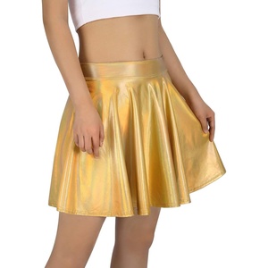 image:imageHDE Womens Casual Fashion Flared Pleated Wet Look ALine Mini Skirts Circle Shiny Stretch High Waist Metallic Skater SkirtGold Holographic