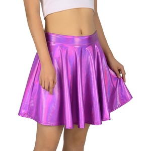 image:imageHDE Womens Casual Fashion Flared Pleated Wet Look ALine Mini Skirts Circle Shiny Stretch High Waist Metallic Skater SkirtPurple Holographic