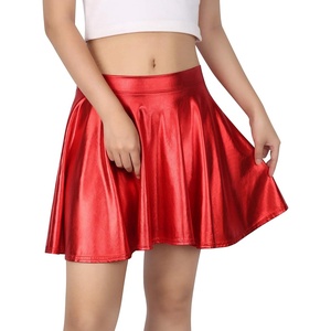 image:imageHDE Womens Casual Fashion Flared Pleated Wet Look ALine Mini Skirts Circle Shiny Stretch High Waist Metallic Skater SkirtRed