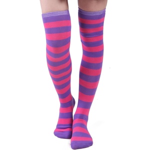 image:imageHDE Womens Extra Long Striped Socks Over Knee High Opaque StockingsB Purple  Pink Stripes