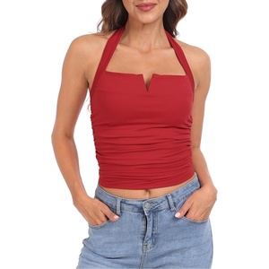 image:imageHDE Womens Halter Top with Built in Bra Ruched Backless Basic Summer TopsRed