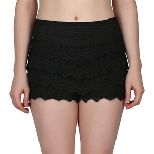 image:imageHDE Womens Lace Shorts Fitted Scallop Hem Layered Crochet Mini Hot Pants Y2K Tiered Mid Rise Laced Vintage Summer ShortsBlack