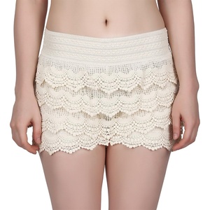 image:imageHDE Womens Lace Shorts Fitted Scallop Hem Layered Crochet Mini Hot Pants Y2K Tiered Mid Rise Laced Vintage Summer ShortsWhite