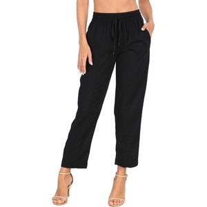 image:imageHDE Womens Linen Blend Pull On Pants Summer Drawstring Ankle Pant with PocketsBlack