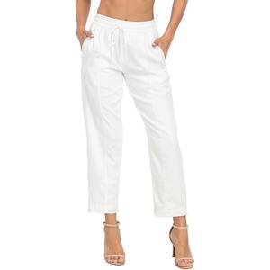 image:imageHDE Womens Linen Blend Pull On Pants Summer Drawstring Ankle Pant with PocketsWhite