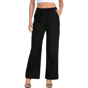 image:imageHDE Womens Linen Pull On Drawstring Pants High Waist Wide Leg Palazzo Beach Trouser Flowy Casual Summer Pants with PocketsBlack