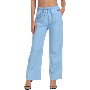image:imageHDE Womens Linen Pull On Drawstring Pants High Waist Wide Leg Palazzo Beach Trouser Flowy Casual Summer Pants with PocketsBlue