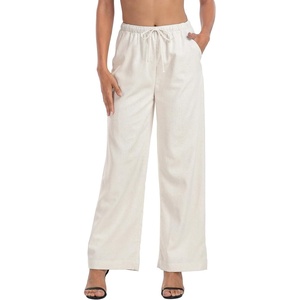 image:imageHDE Womens Linen Pull On Drawstring Pants High Waist Wide Leg Palazzo Beach Trouser Flowy Casual Summer Pants with PocketsKhaki Sand