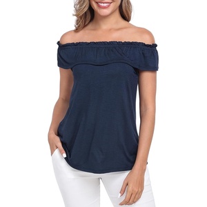 image:imageHDE Womens Off Shoulder Ruffle Tops Loose Summer Convertible Sleeveless BlouseNavy Blue