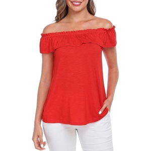 image:imageHDE Womens Off Shoulder Ruffle Tops Loose Summer Convertible Sleeveless BlouseRed