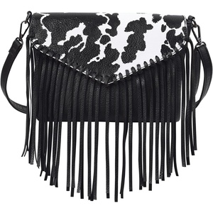 image:imageHDE Womens PU Leather Hobo Fringe Crossbody Tassel Purse Vintage Flap Envelope Handbag Western Sling Shoulder BagBlack Cow Print
