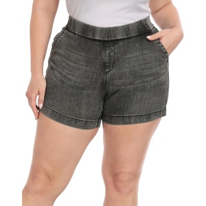 image:imageHDE Womens Plus Size High Waisted Jean Shorts 5 inch Inseam Clean Hem Comfort Waist Pull On Stretch Denim Shorts with PocketsBlack