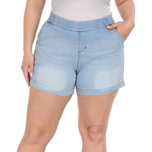 image:imageHDE Womens Plus Size High Waisted Jean Shorts 5 inch Inseam Clean Hem Comfort Waist Pull On Stretch Denim Shorts with PocketsLight Blue