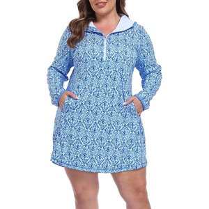 image:imageHDE Womens Plus Size Swim Coverup Dress with Hood UPF 50 Long Sleeve Cover UpBlue Watercolor Damask