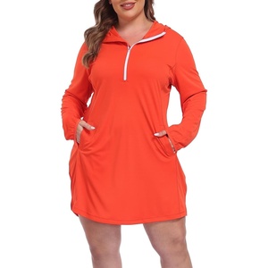 image:imageHDE Womens Plus Size Swim Coverup Dress with Hood UPF 50 Long Sleeve Cover UpSpicy Orange