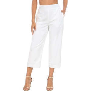 image:imageHDE Womens Pull On Linen Capri Pants Cropped High Waisted Summer CaprisWhite