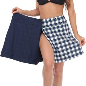 image:imageHDE Womens Reversible Wrap Skirt  Swim Coverup Adjustable Snap Wraparound Waist with Zip Pocket for Travel Swim Beach HawaiiNavy  Gingham