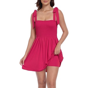 image:imageHDE Womens Romper Dress with Built in Shorts Summer Smocked Mini SundressBerry Red