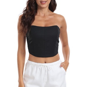 image:imageHDE Womens Strapless Linen Corset Y2K Crop Top Bustier Body Shaper Bandeau TopBlack