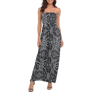 image:imageHDE Womens Strapless Maxi Dress Plus Size Summer Sundress Smocked Tube Top Long Skirt Dress Boho Beach Cover UpBlack Abstract