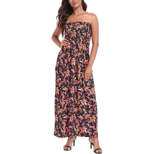 image:imageHDE Womens Strapless Maxi Dress Plus Size Summer Sundress Smocked Tube Top Long Skirt Dress Boho Beach Cover UpBlack Boho Floral