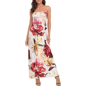 image:imageHDE Womens Strapless Maxi Dress Plus Size Summer Sundress Smocked Tube Top Long Skirt Dress Boho Beach Cover UpCream Floral