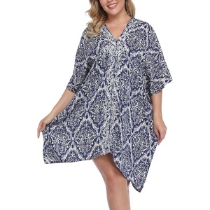 image:imageHDE Womens UPF 30 Short Kaftan Cover Up Oversize Plus Size Swimsuit Shirt DressNavy Damask