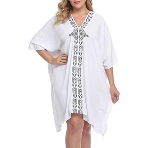 image:imageHDE Womens UPF 30 Short Kaftan Cover Up Oversize Plus Size Swimsuit Shirt DressWhite
