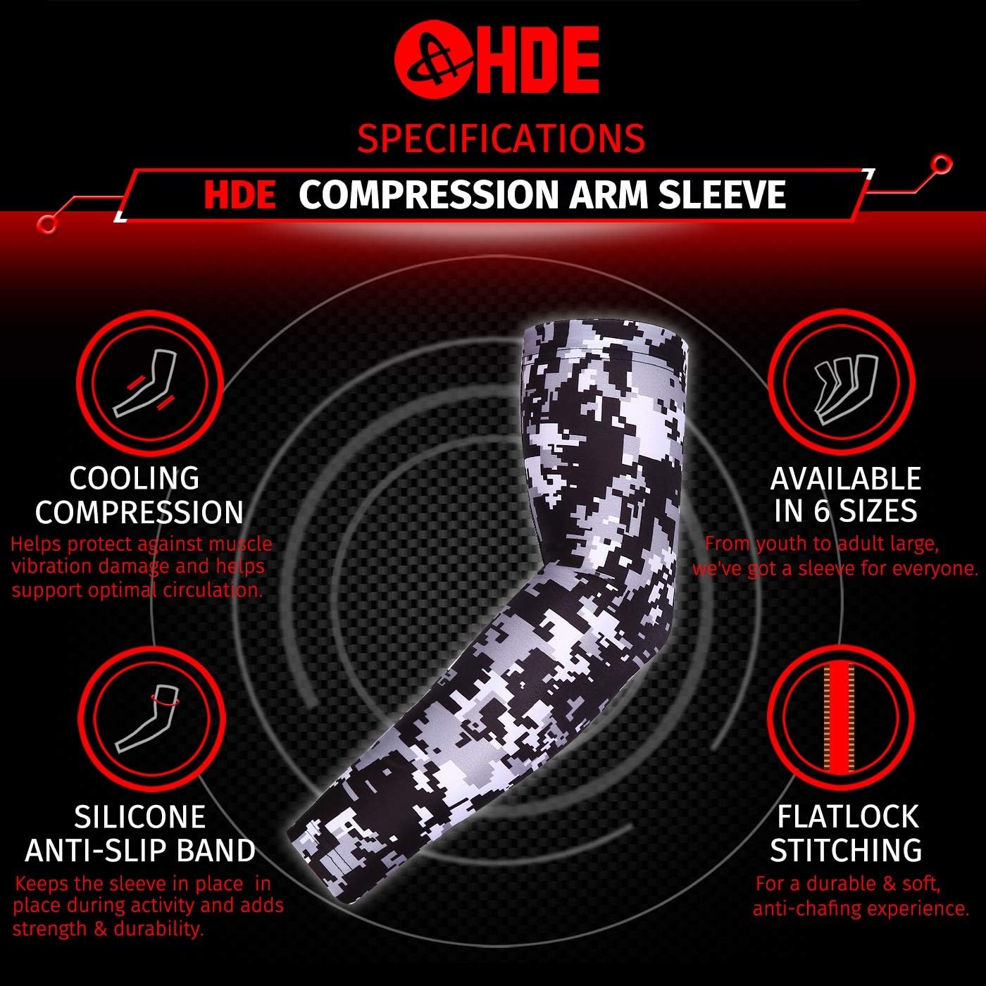 image:imageHDE Arm Compression Sleeves for Kids Basketball Shooting Sleeve Youth Sports Cooling Sun Protection Football Baseball 1 PairBlack Silver Camo