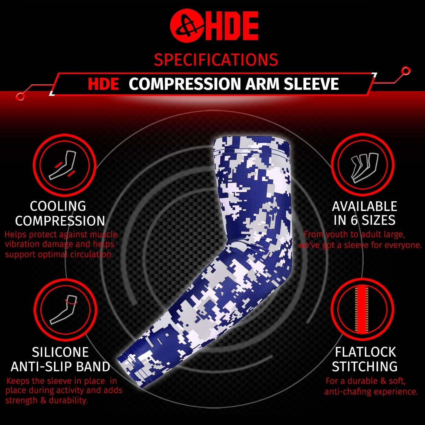image:imageHDE Arm Compression Sleeves for Kids Basketball Shooting Sleeve Youth Sports Cooling Sun Protection Football Baseball 1 PairNavy Blue Silver Digital Camo
