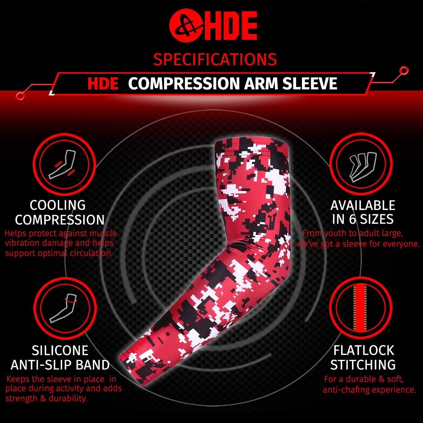 image:imageHDE Arm Compression Sleeves for Kids Basketball Shooting Sleeve Youth Sports Cooling Sun Protection Football Baseball 1 PairRed Black Digital Camo