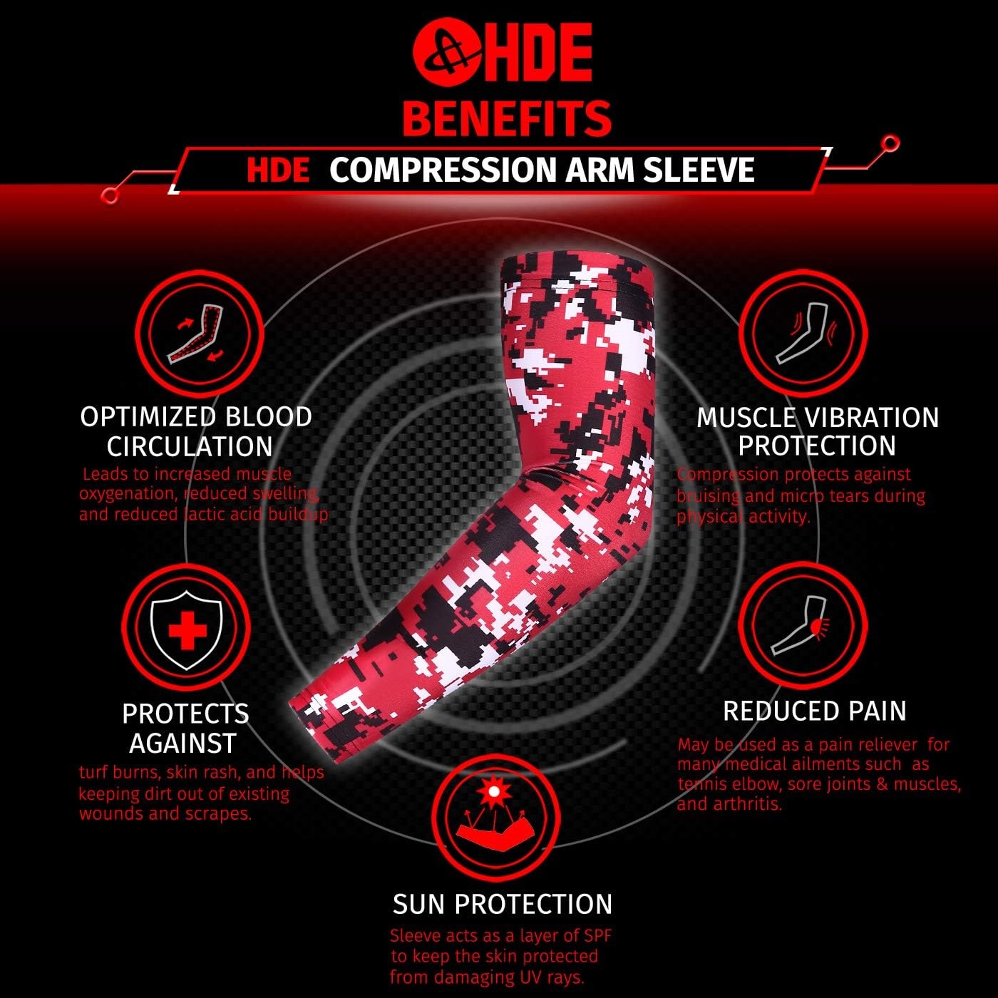 image:imageHDE Arm Compression Sleeves for Kids Basketball Shooting Sleeve Youth Sports Cooling Sun Protection Football Baseball 1 PairRed Black Digital Camo