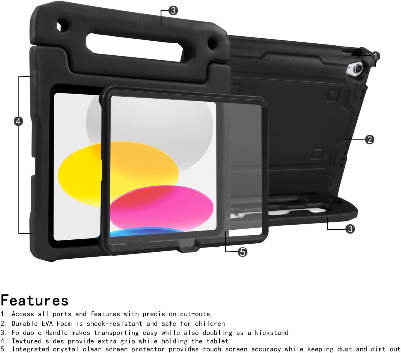 image:imageHDE Case for iPad 10th Generation 109 inch for Kids with Builtin Screen Protector Shockproof Cover with Multi Angle Viewing Handle Stand BlackBlack