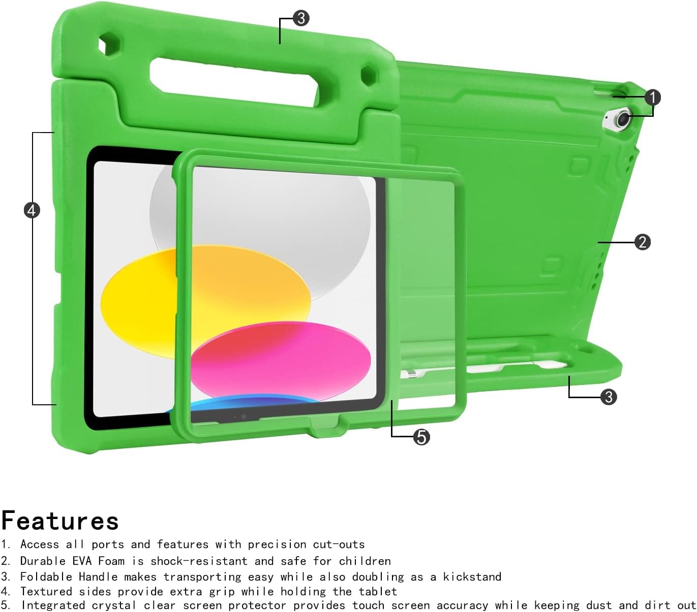 image:imageHDE Case for iPad 10th Generation 109 inch for Kids with Builtin Screen Protector Shockproof Cover with Multi Angle Viewing Handle Stand BlackGreen