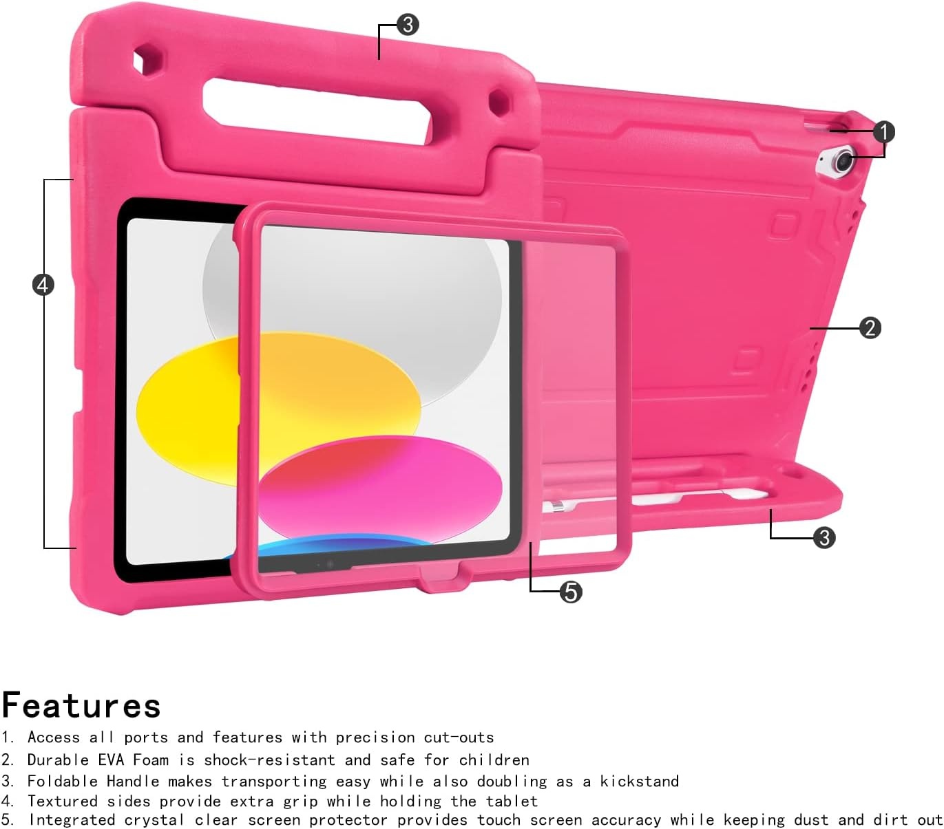image:imageHDE Case for iPad 10th Generation 109 inch for Kids with Builtin Screen Protector Shockproof Cover with Multi Angle Viewing Handle Stand BlackHot Pink