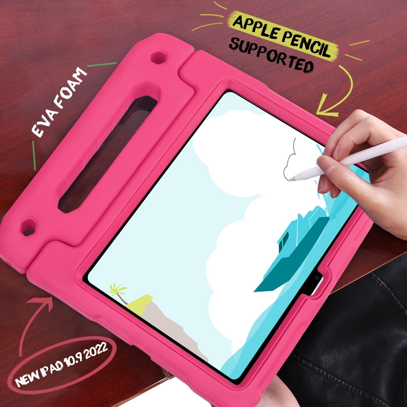 image:imageHDE Case for iPad 10th Generation 109 inch for Kids with Builtin Screen Protector Shockproof Cover with Multi Angle Viewing Handle Stand BlackHot Pink