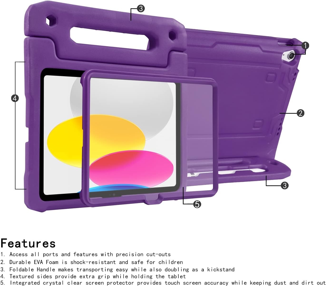 image:imageHDE Case for iPad 10th Generation 109 inch for Kids with Builtin Screen Protector Shockproof Cover with Multi Angle Viewing Handle Stand BlackPurple