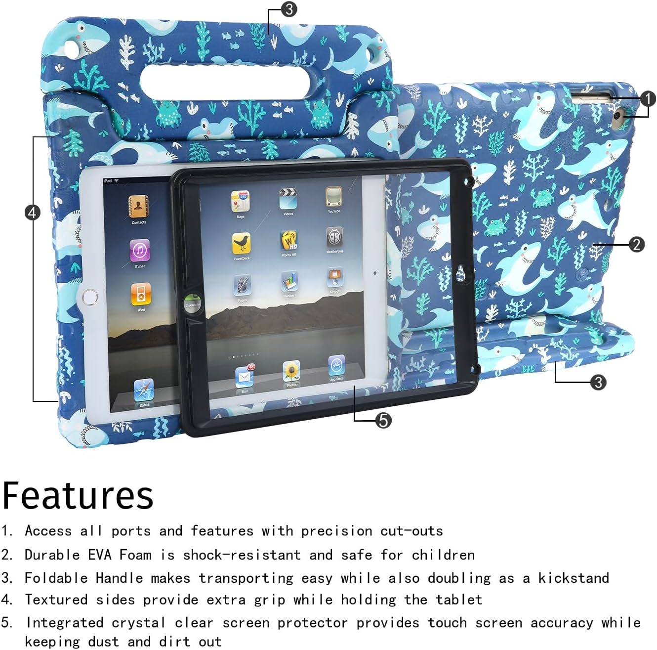 image:imageHDE Case for iPad 97inch 20182017 Kids Shockproof Bumper Hard Cover Handle Stand with Built in Screen Protector for New Apple Education iPad 97 Inch 6th Gen5th Generation iPad 97 SharkShark