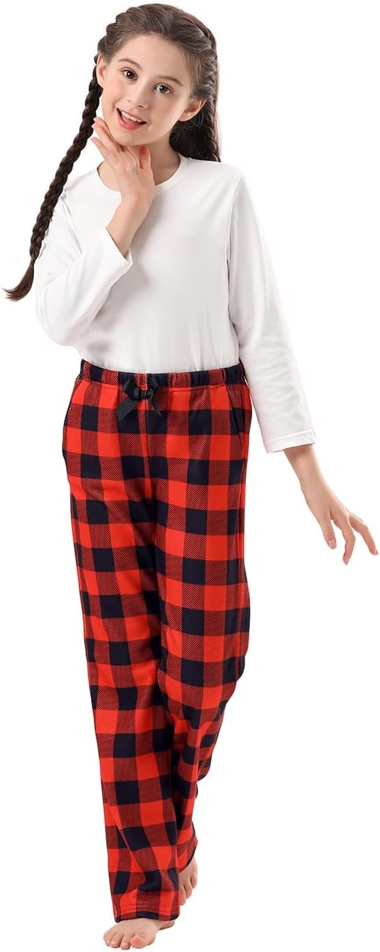 image:imageHDE Girls Fleece Pajama Pants Kids Sleepwear Fuzzy Plush PJ Bottoms wPocketsBuffalo Plaid