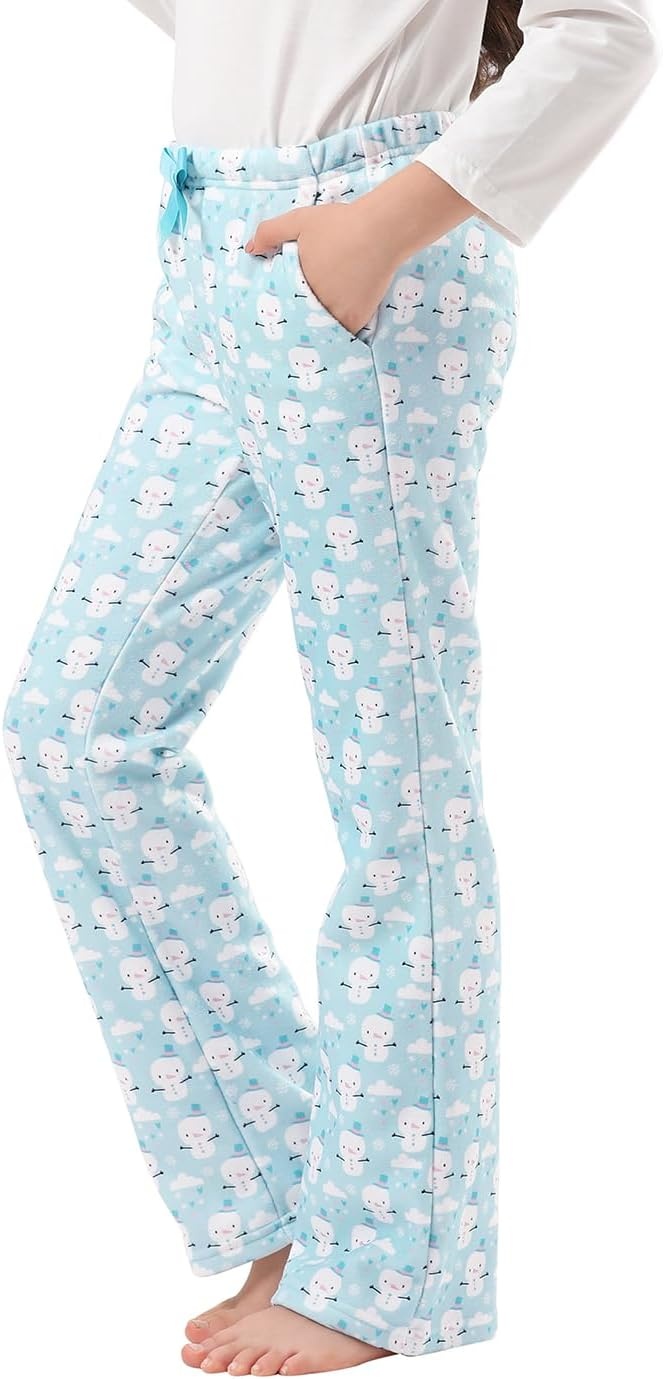 image:imageHDE Girls Fleece Pajama Pants Kids Sleepwear Fuzzy Plush PJ Bottoms wPocketsCute Snowmen