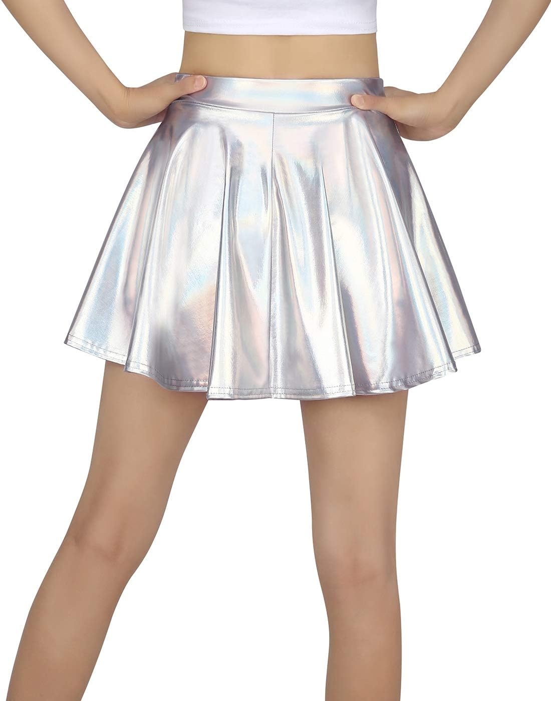 image:imageHDE Girls Metallic Skater Skort Dance Athletic Shiny Holographic Scooter SkirtSilver