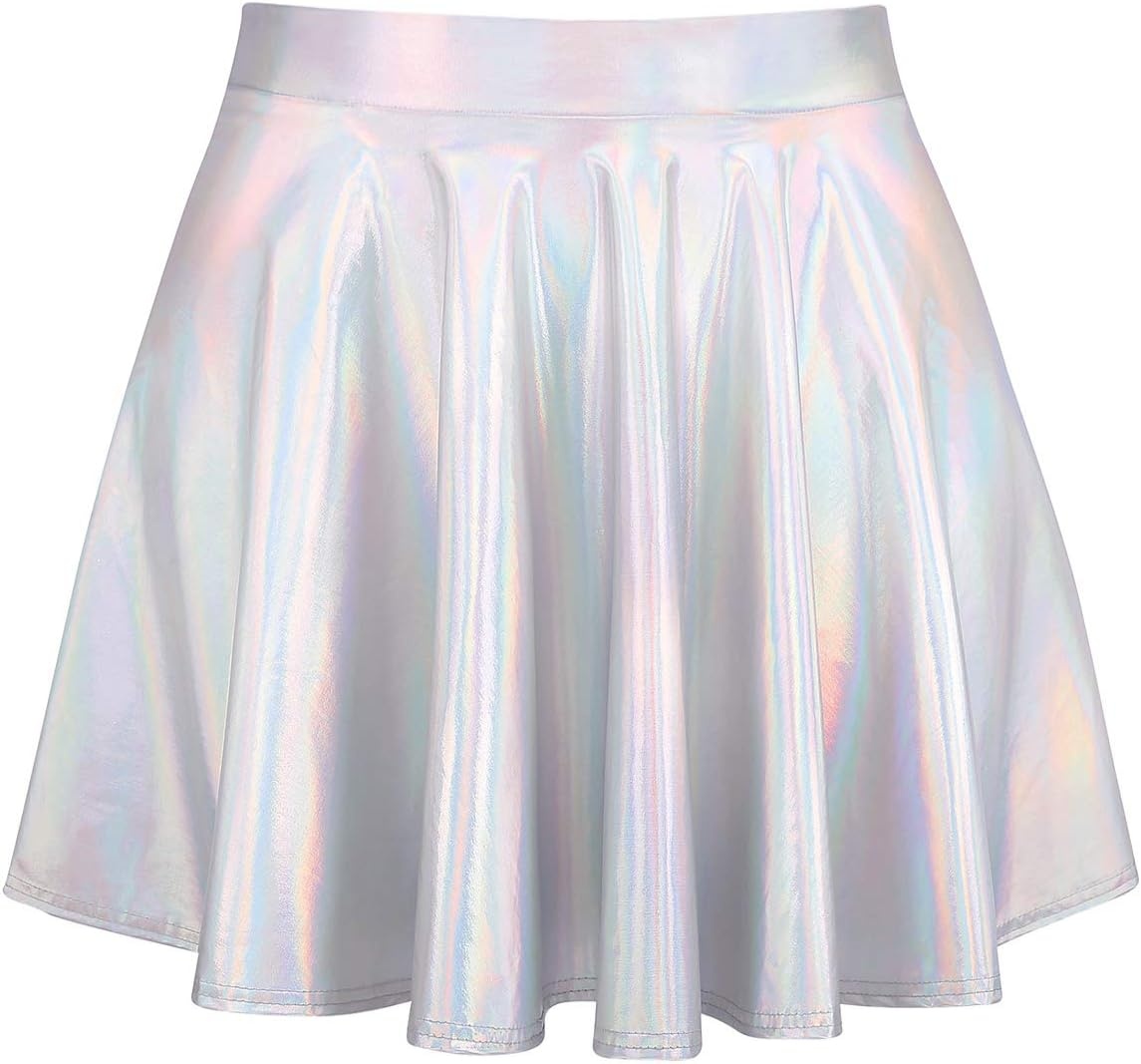 image:imageHDE Girls Metallic Skater Skort Dance Athletic Shiny Holographic Scooter SkirtSilver