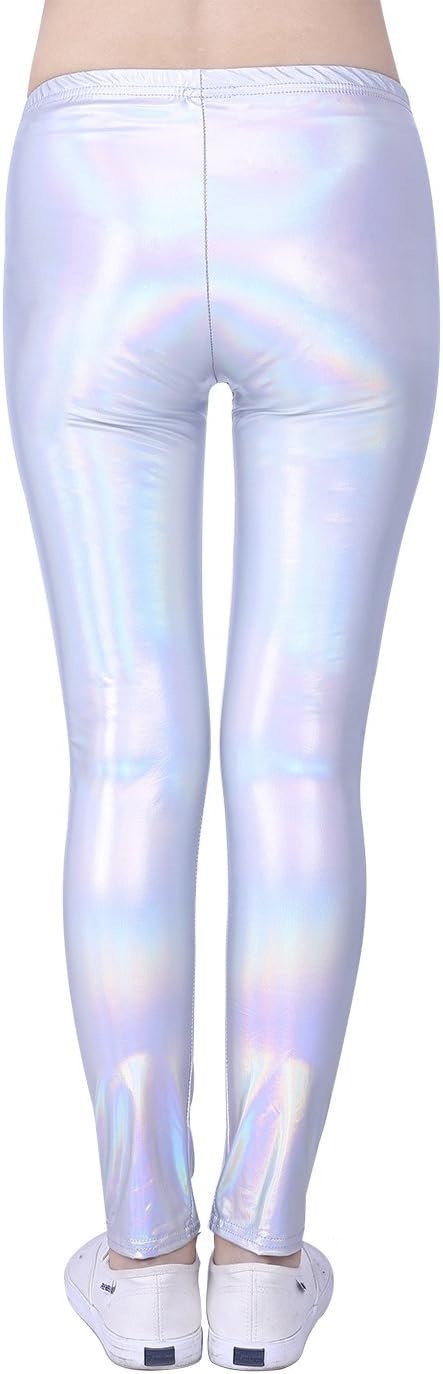 image:imageHDE Girls Shiny Wet Look Leggings Kids Liquid Metallic Footless TightsIridescent