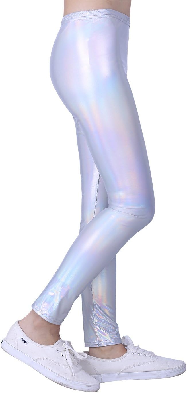 image:imageHDE Girls Shiny Wet Look Leggings Kids Liquid Metallic Footless TightsIridescent