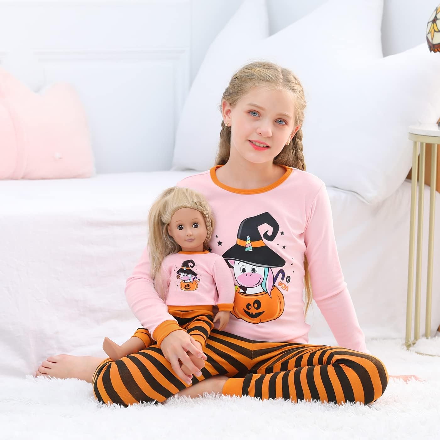 image:imageHDE Girls Unicorn Pajamas with Matching Doll Outfit Cotton Pajama Set for GirlsHalloween Pumpkin UnicornLong