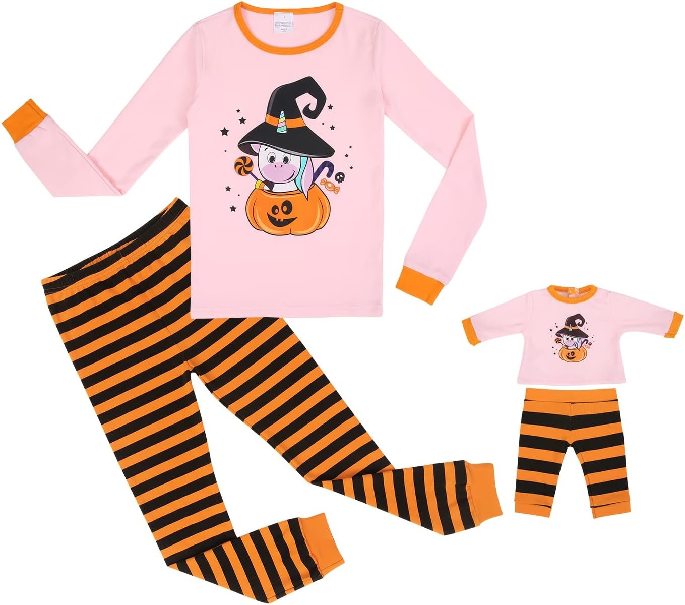 image:imageHDE Girls Unicorn Pajamas with Matching Doll Outfit Cotton Pajama Set for GirlsHalloween Pumpkin UnicornLong