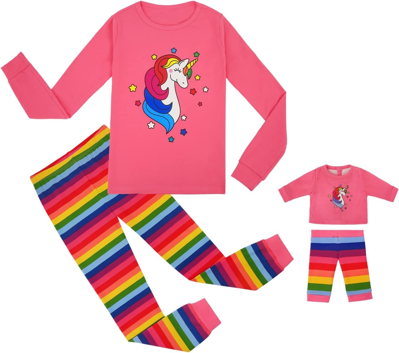 image:imageHDE Girls Unicorn Pajamas with Matching Doll Outfit Cotton Pajama Set for GirlsPink Rainbow UnicornLong