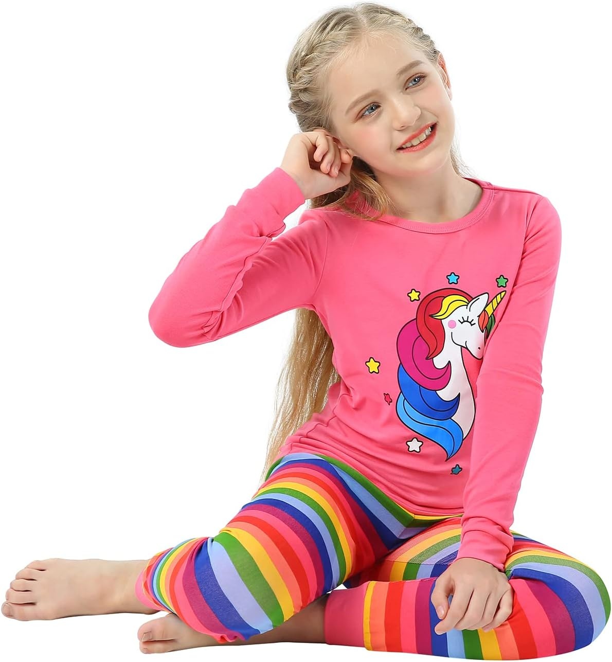 image:imageHDE Girls Unicorn Pajamas with Matching Doll Outfit Cotton Pajama Set for GirlsPink Rainbow UnicornLong