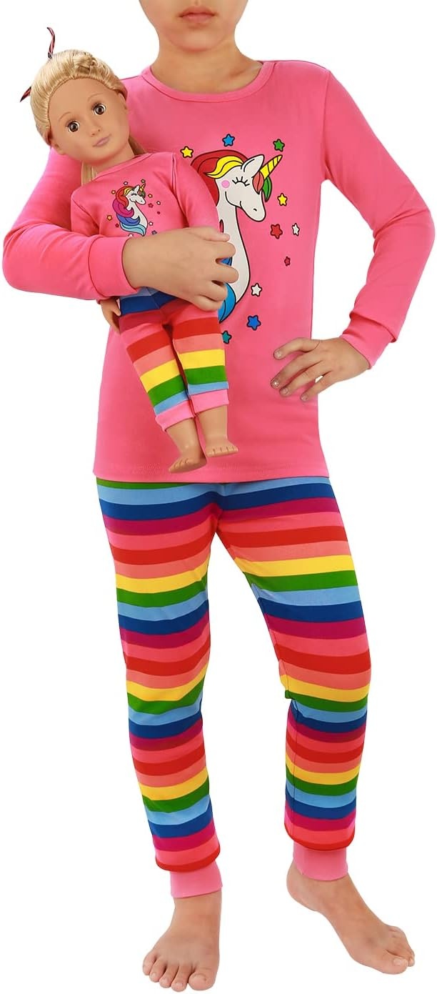 image:imageHDE Girls Unicorn Pajamas with Matching Doll Outfit Cotton Pajama Set for GirlsPink Rainbow UnicornLong